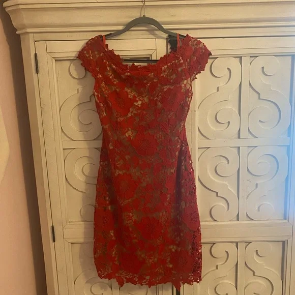 Betsy & Adam Red Lace dress with Nude lining